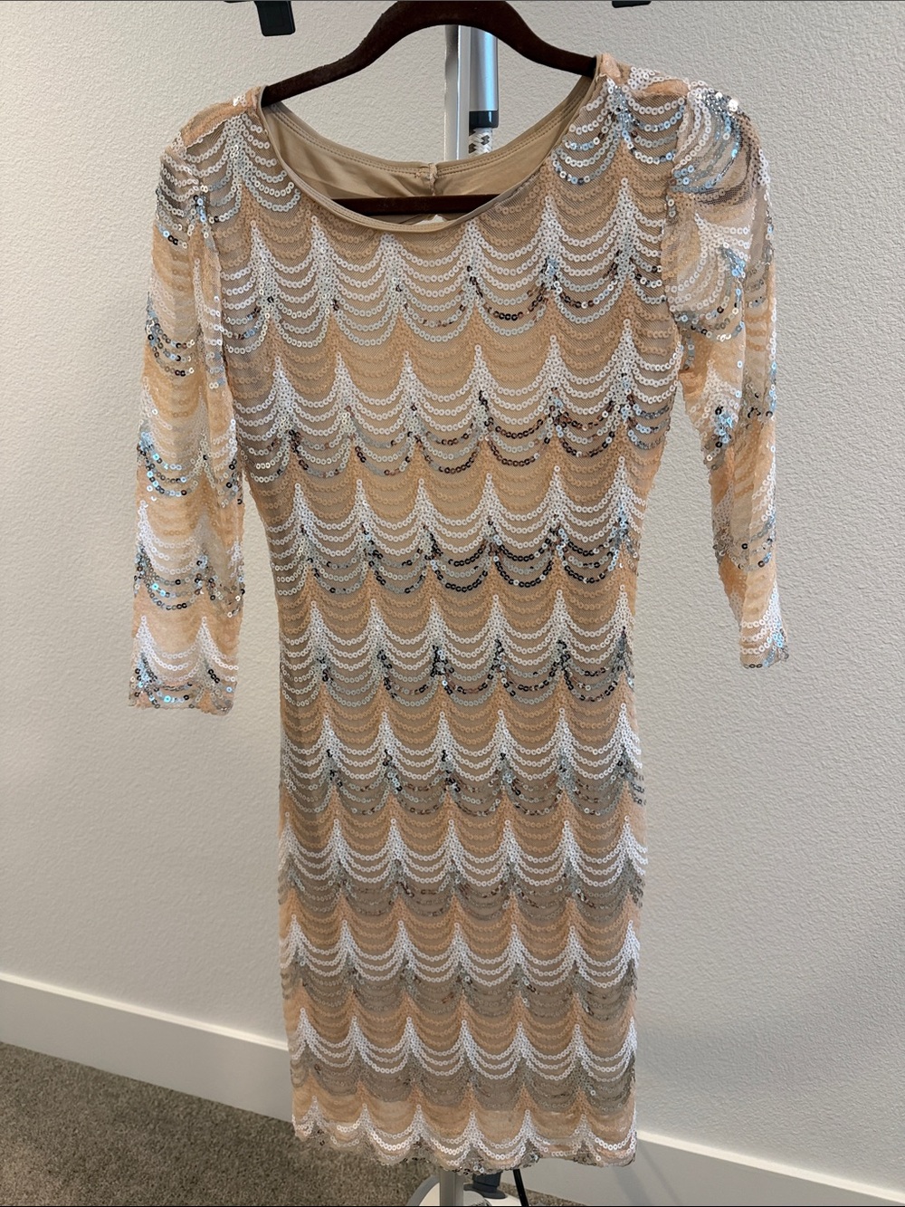 Crystal Doll Beige Dress with Silver & White Sequins